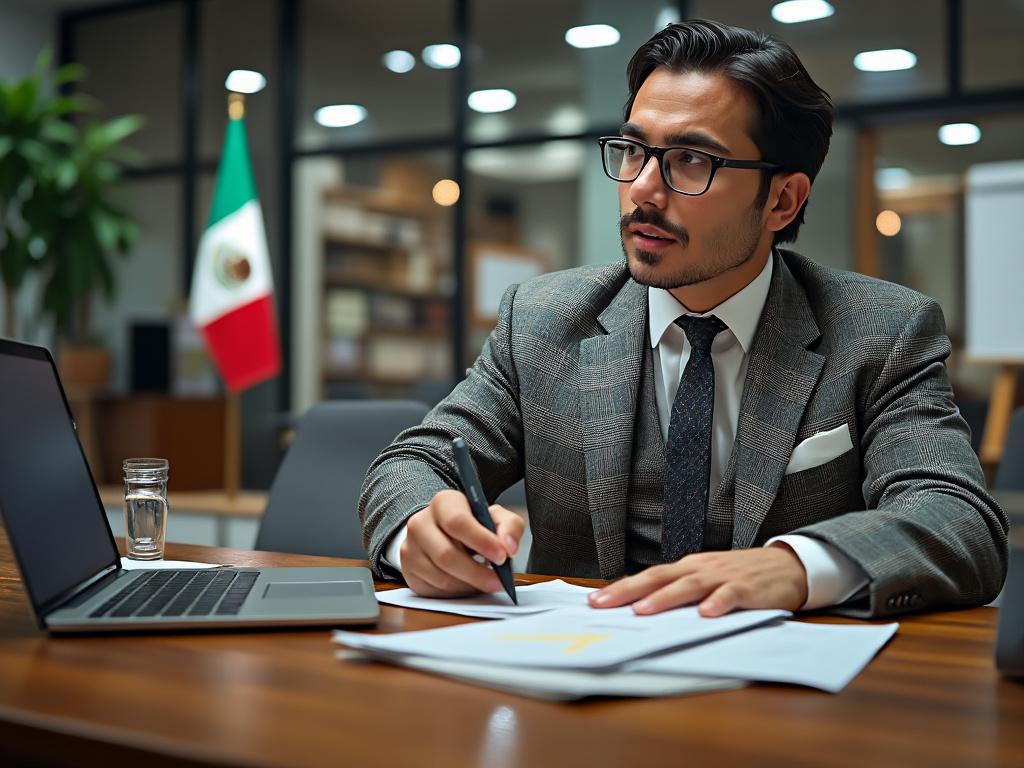 Hombre de negocios con traje tomando notas en una oficina moderna, con bandera de México de fondo.