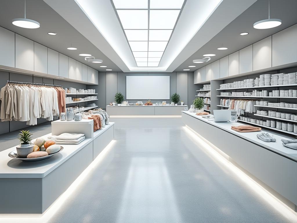 Interior de tienda moderna con ropa y artículos de hogar organizados en estantes, iluminación suave y decoración minimalista.