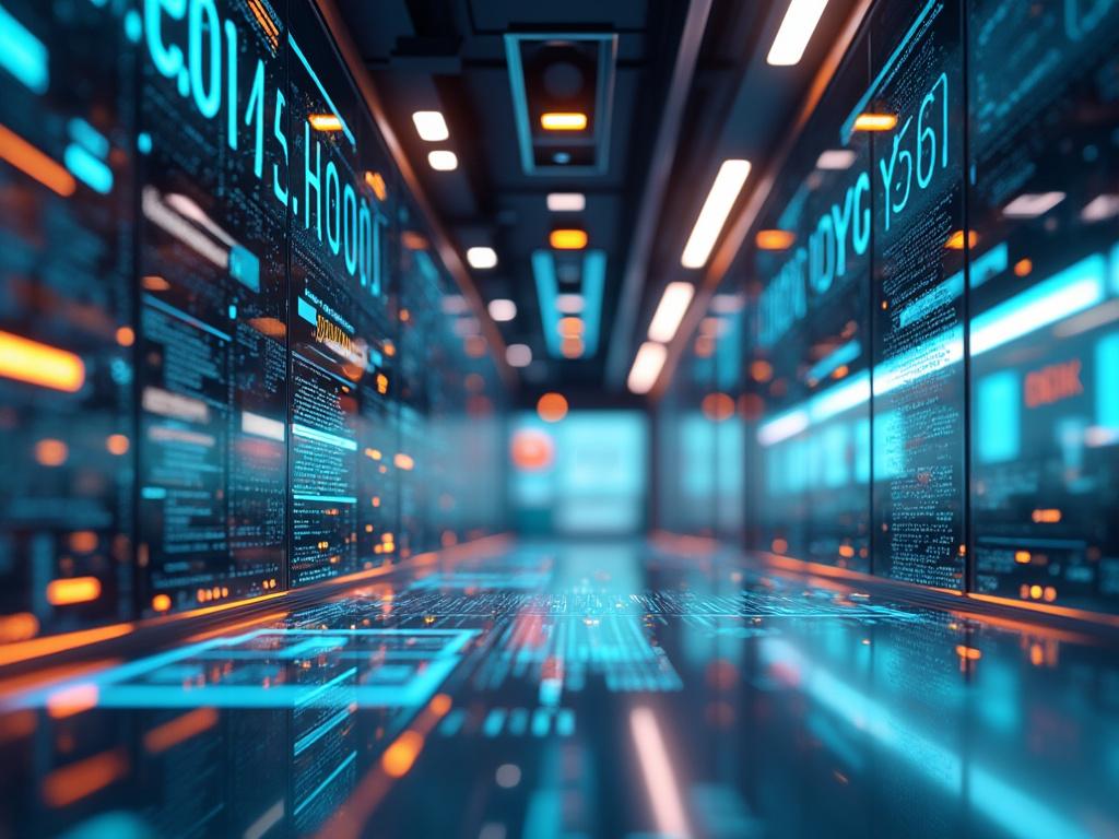 Pasillo futurista con pantallas digitales y luces de neón en un entorno tecnológico.