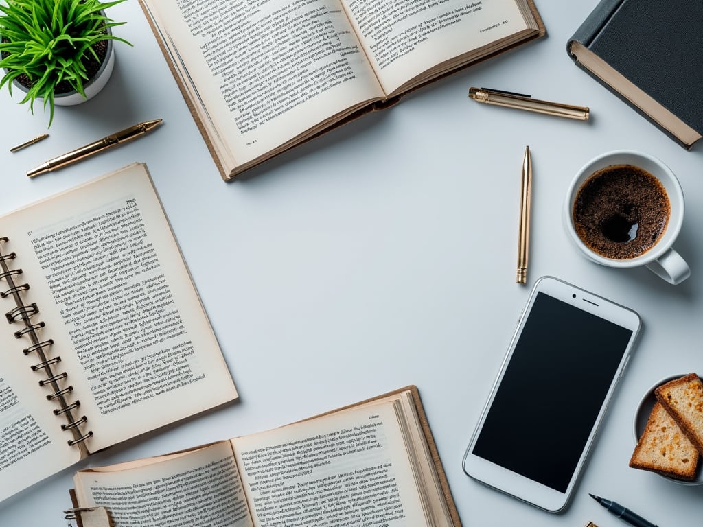 Vista superior de un escritorio con libros abiertos, un teléfono inteligente, una taza de café, una planta pequeña y bolígrafos dorados sobre una superficie blanca. Vista superior de un escritorio con libros abiertos, un teléfono inteligente, una taza de café, una planta pequeña y bolígrafos dorados sobre una superficie blanca.