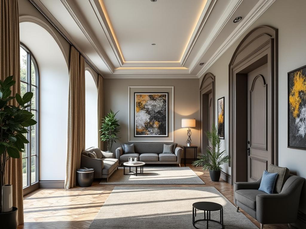 Elegante sala de estar con grandes ventanales, sofás grises, plantas decorativas y arte contemporáneo en las paredes.