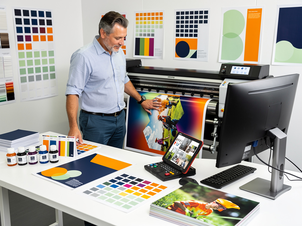 Diseñador revisa impresión a color en impresora de gran formato con muestras de color y gráficos en estudio