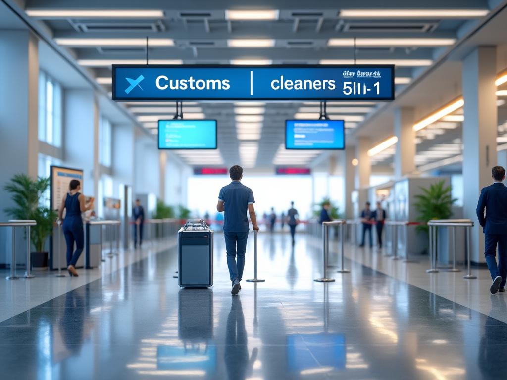 Interior de un aeropuerto moderno con viajeros caminando, señales de aduana y limpiadores visibles.