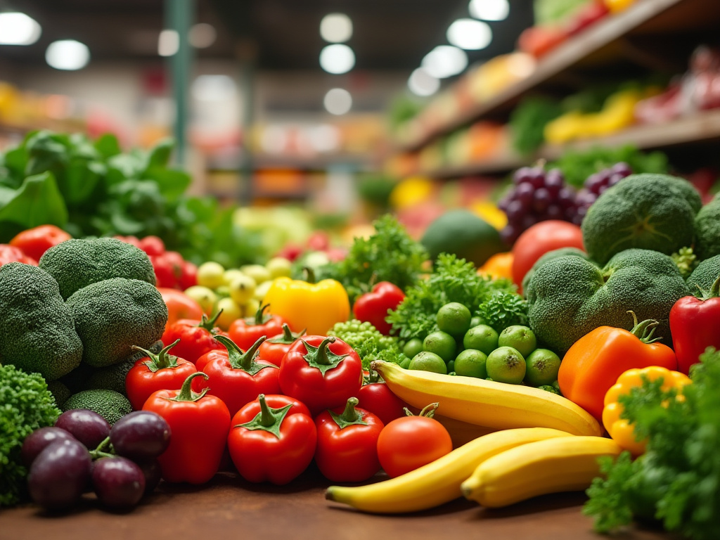 Colorful display of fresh vegetables and fruits including broccoli, bell peppers, bananas, and grapes in a grocery store.
