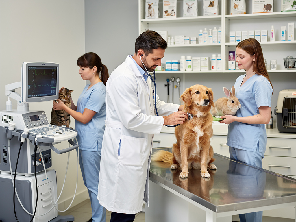 Veterinario examinando a un perro con asistentes sosteniendo un gato y un conejo en clínica veterinaria moderna
