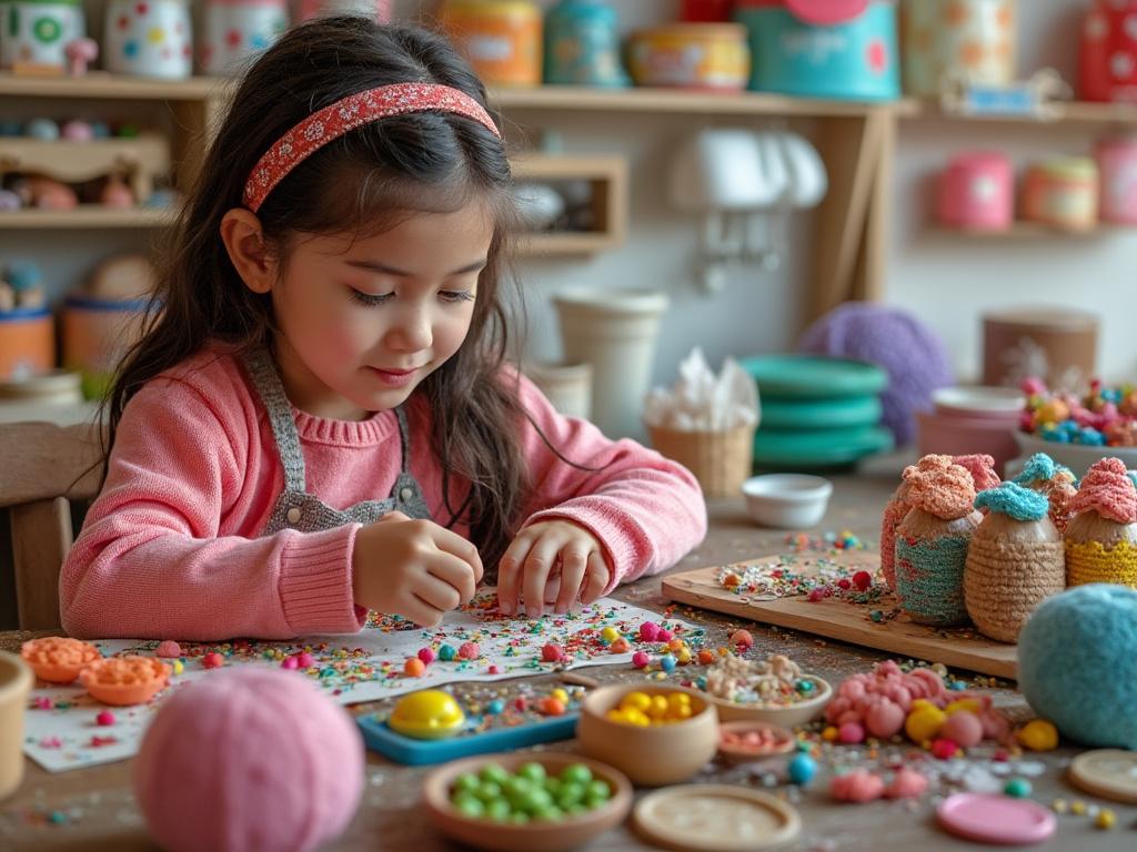 Niña creando manualidades con cuentas de colores en una mesa llena de materiales artísticos.
