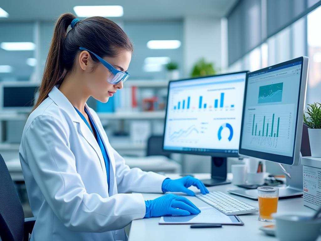 Female scientist analyzing data on dual computer monitors in a laboratory setting.