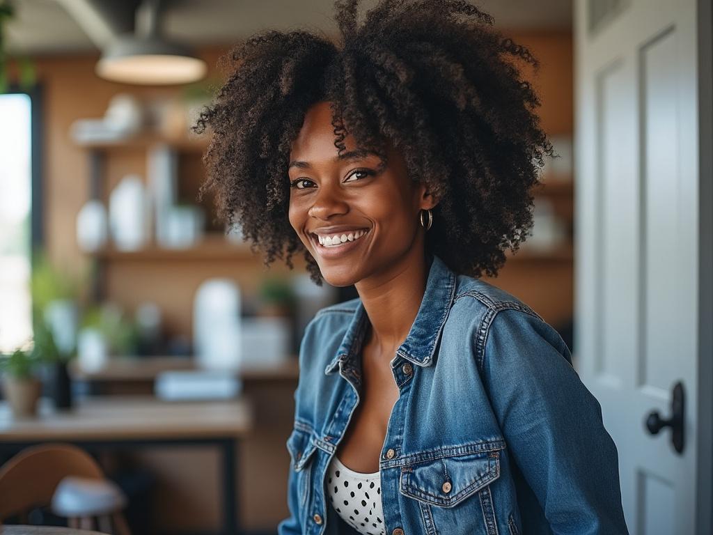 Smiling person with curly hair wearing a denim jacket in a cozy kitchen setting.