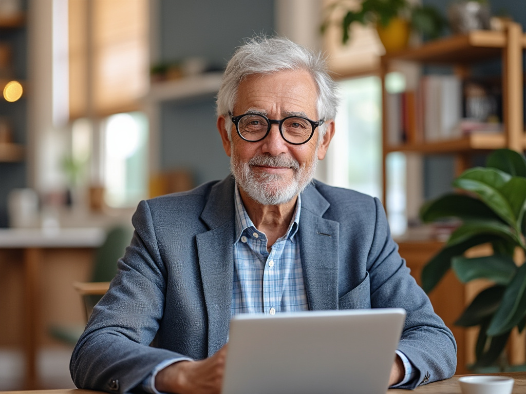 Smiling senior businessman in glasses using a tablet in a modern home office Smiling senior businessman in glasses using a tablet in a modern home office