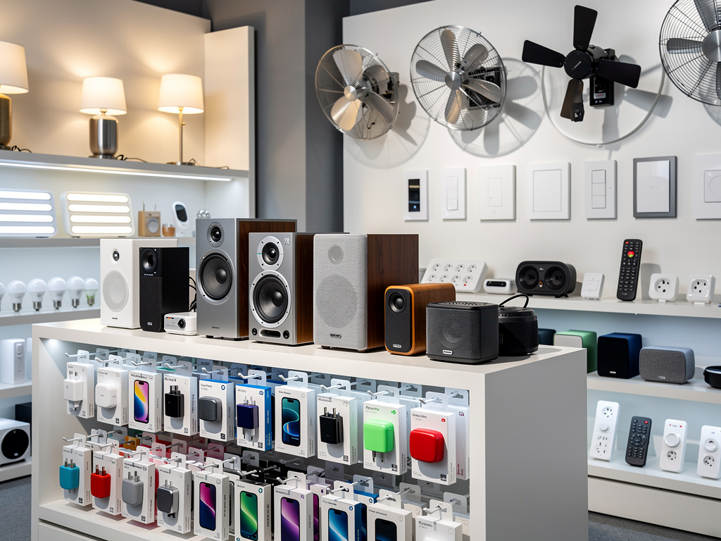 Tienda de electrónica con altavoces, ventiladores de pared, lámparas, enchufes inteligentes, controles remotos y cargadores en exhibición
