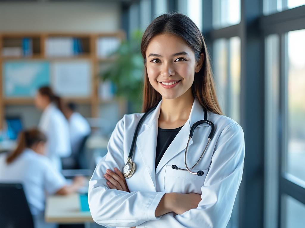 Doctora joven con bata blanca y estetoscopio en oficina luminosa
