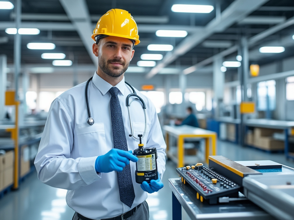 Ingeniero en fábrica con casco de seguridad, guantes y estetoscopio, sosteniendo contenedor industrial, rodeado de maquinaria moderna.