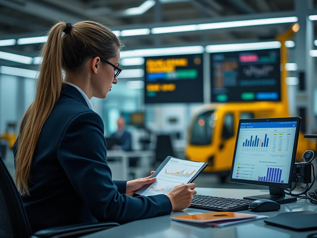 Mujer de negocios revisando gráficos financieros en una oficina moderna con pantallas de computadora.