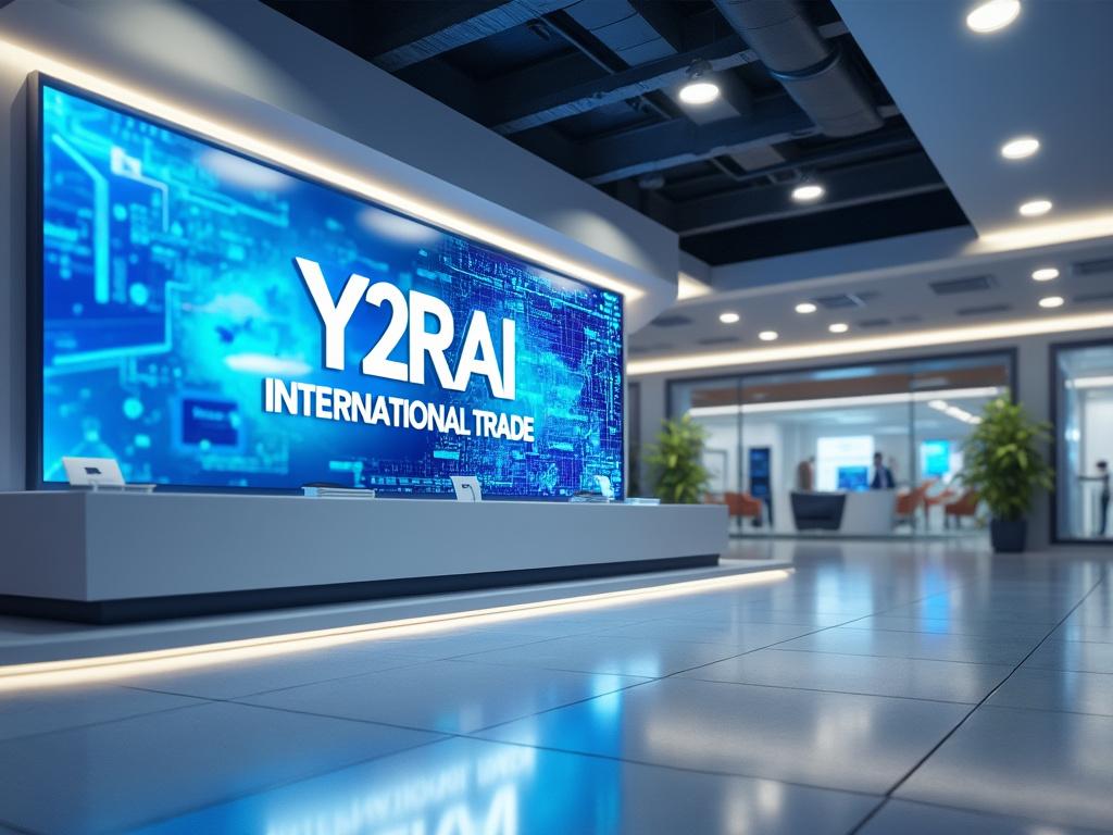 Modern trade show booth with vibrant digital display featuring 'Y2RAI International Trade', sleek design, and open office layout in the background. Modern trade show booth with vibrant digital display featuring 'Y2RAI International Trade', sleek design, and open office layout in the background.