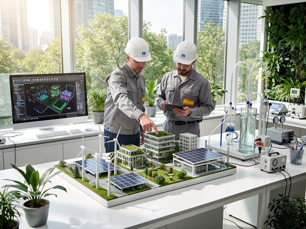 Ingenieros con casco revisan una maqueta de ciudad sostenible con paneles solares, turbinas eólicas y edificios verdes en laboratorio moderno