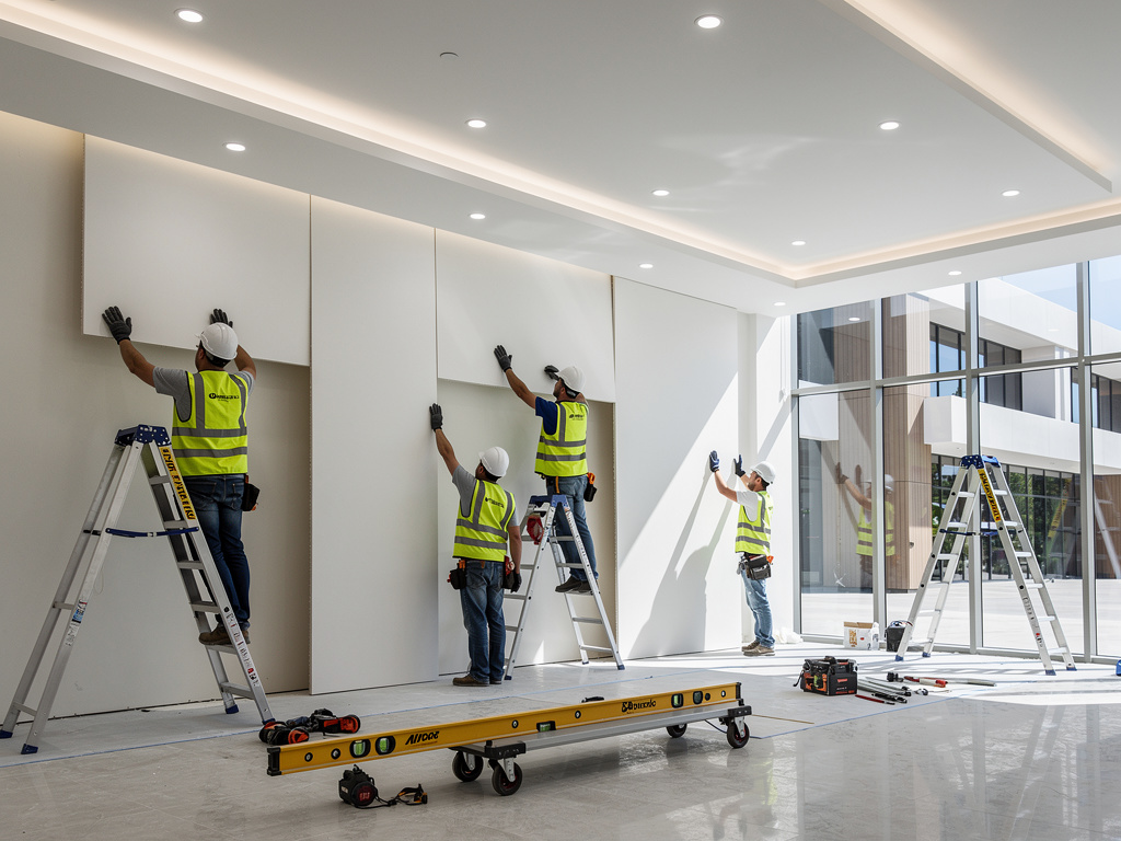 Trabajadores instalando paneles de pared en interior moderno con escaleras, herramientas y grandes ventanales