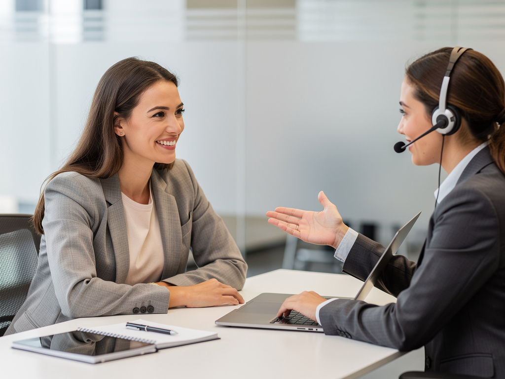 Customer service representative with headset assisting smiling businesswoman in office meeting