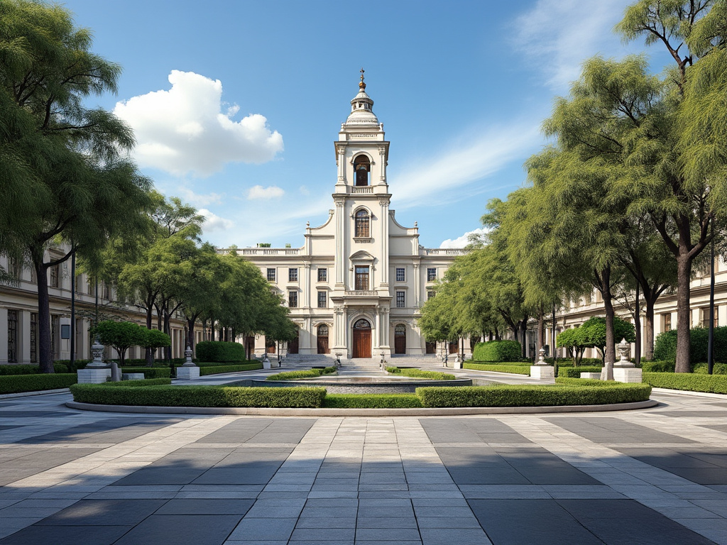 Fachada de un edificio histórico rodeado de jardines y árboles, con cielo azul y nubes.