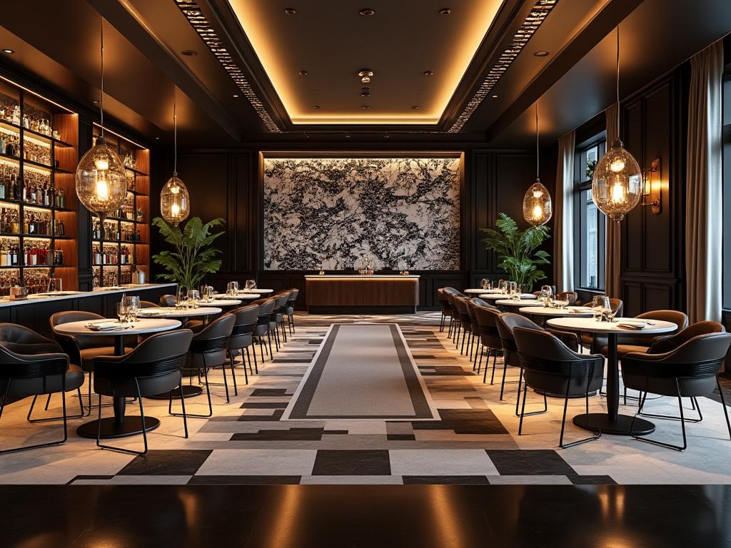 Elegante restaurante con diseño moderno, iluminación cálida, mesas adornadas, y estanterías de bebidas.