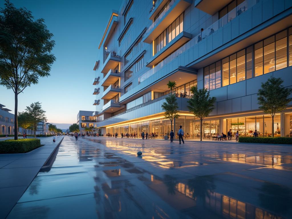 Ciudad moderna al atardecer con edificios iluminados, paseo peatonal y árboles.
