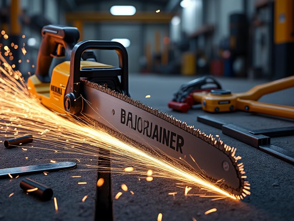 Motosierra eléctrica cortando metal con chispas volando en un taller industrial.