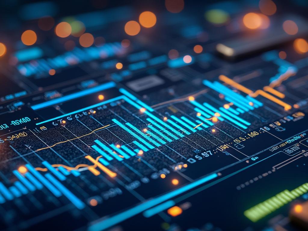Gráfico digital de datos financieros con barras y líneas azules y anaranjadas sobre fondo oscuro.