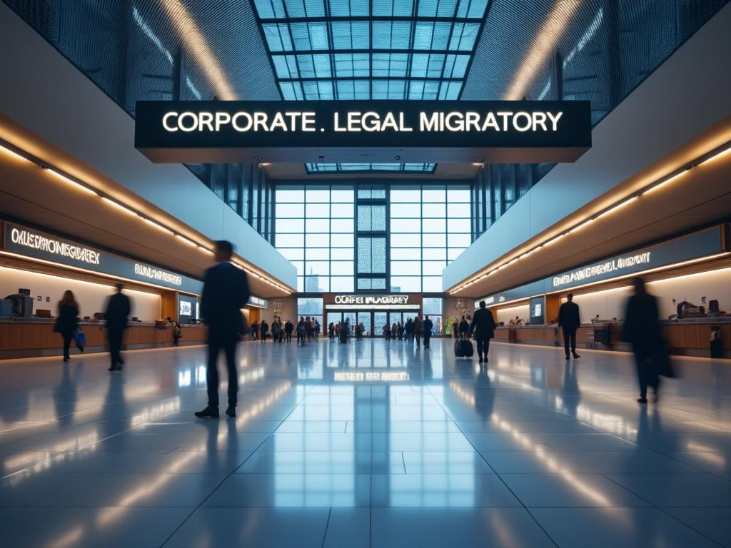 Vestíbulo moderno de aeropuerto con carteles de ‘Corporate. Legal Migratory’, personas caminando y mostradores iluminados.