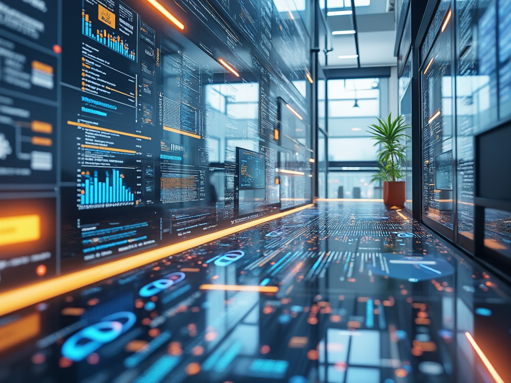 Centro de datos futurista con paneles digitales de análisis, servidores de vidrio y visualización de big data en un pasillo tecnológico