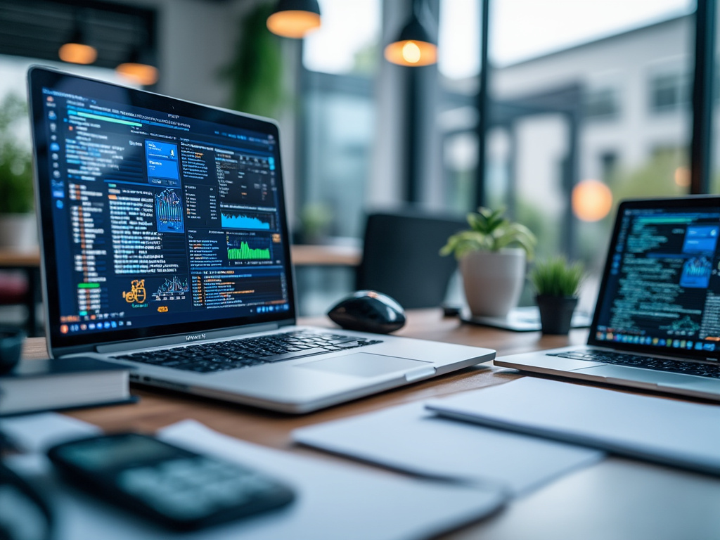 Dos portátiles en un escritorio moderno, mostrando pantallas con programación y análisis de datos, rodeados de papeles, plantas y una vista de oficina en el fondo.