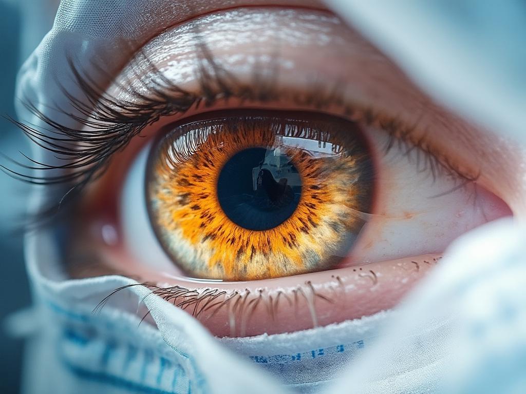 Primer plano de un ojo humano con iris de color ámbar brillante, detalle de pestañas y parte de una mascarilla