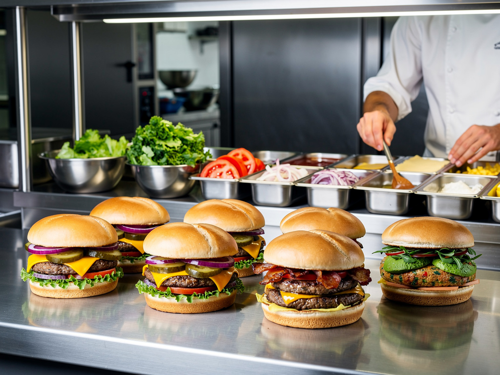 Hamburguesas gourmet recién preparadas con queso, bacon y verduras en cocina profesional
