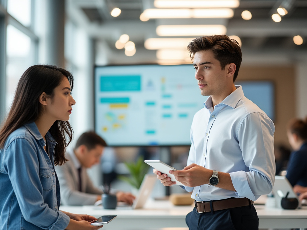 Dos personas conversando en una oficina moderna con dispositivos en la mano y una pantalla de presentación en el fondo.
