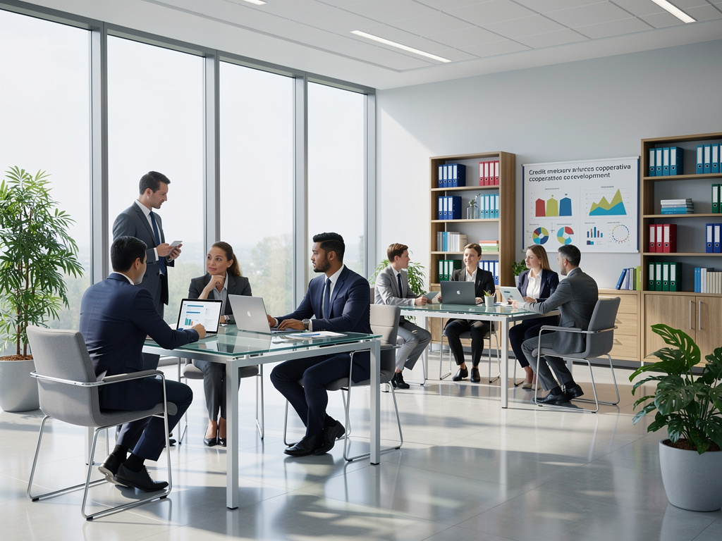 Equipo de profesionales en reunión de negocios en oficina moderna con gráficos, portátiles y presentaciones financieras