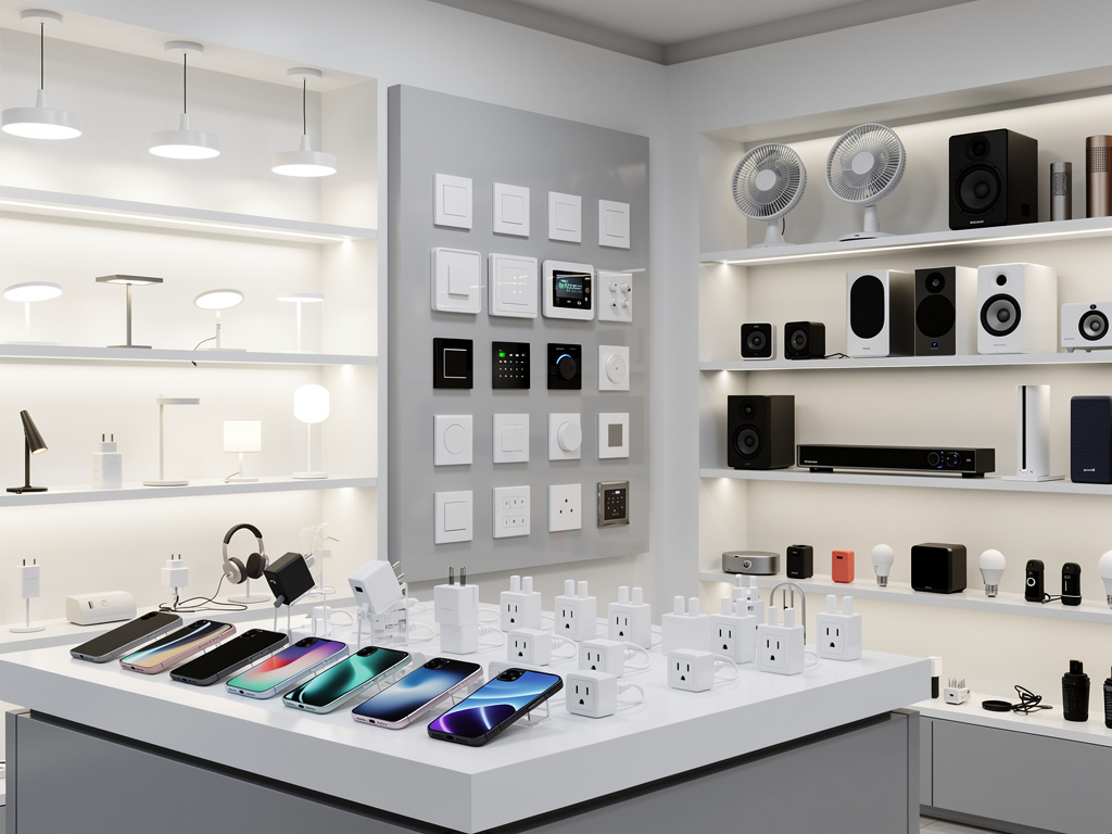 Tienda de electrónica moderna con smartphones, enchufes inteligentes, interruptores, lámparas, altavoces y accesorios tecnológicos en exhibición