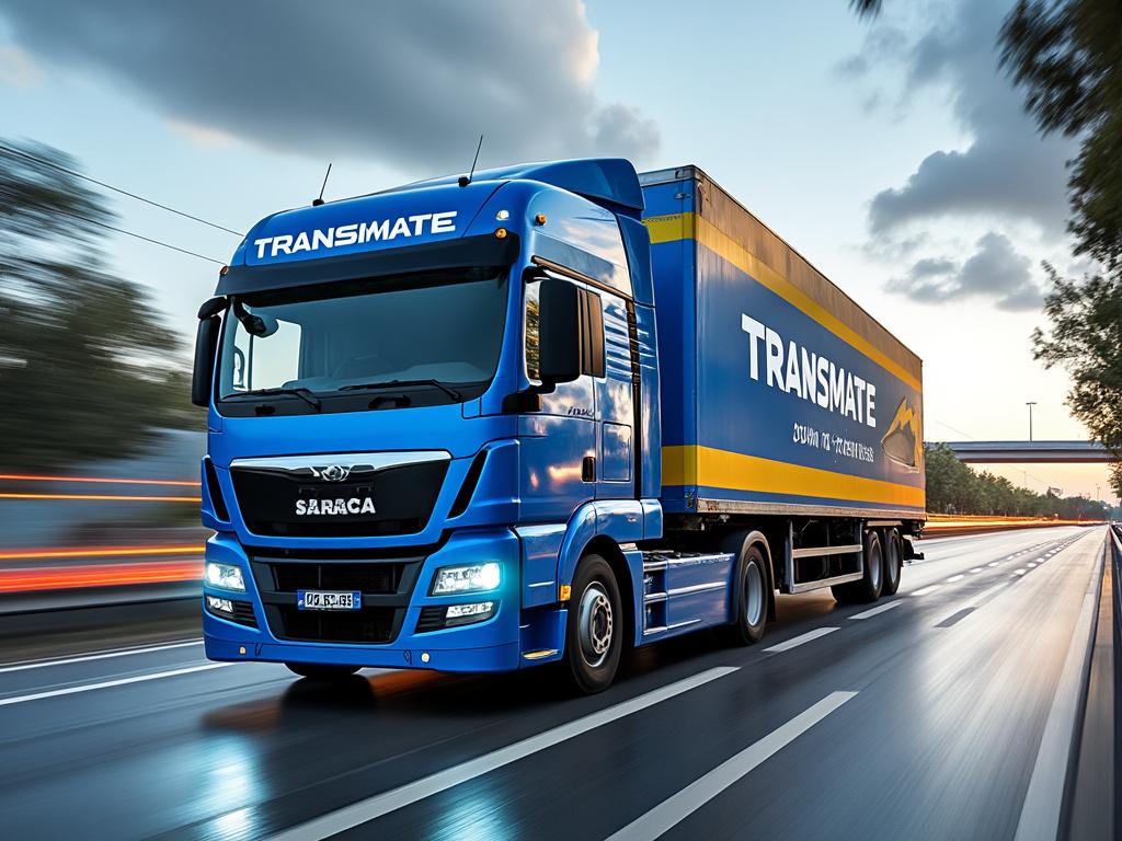 Camión azul de Transmate conduciendo rápido por una carretera, rodeado de árboles y cielo nublado.