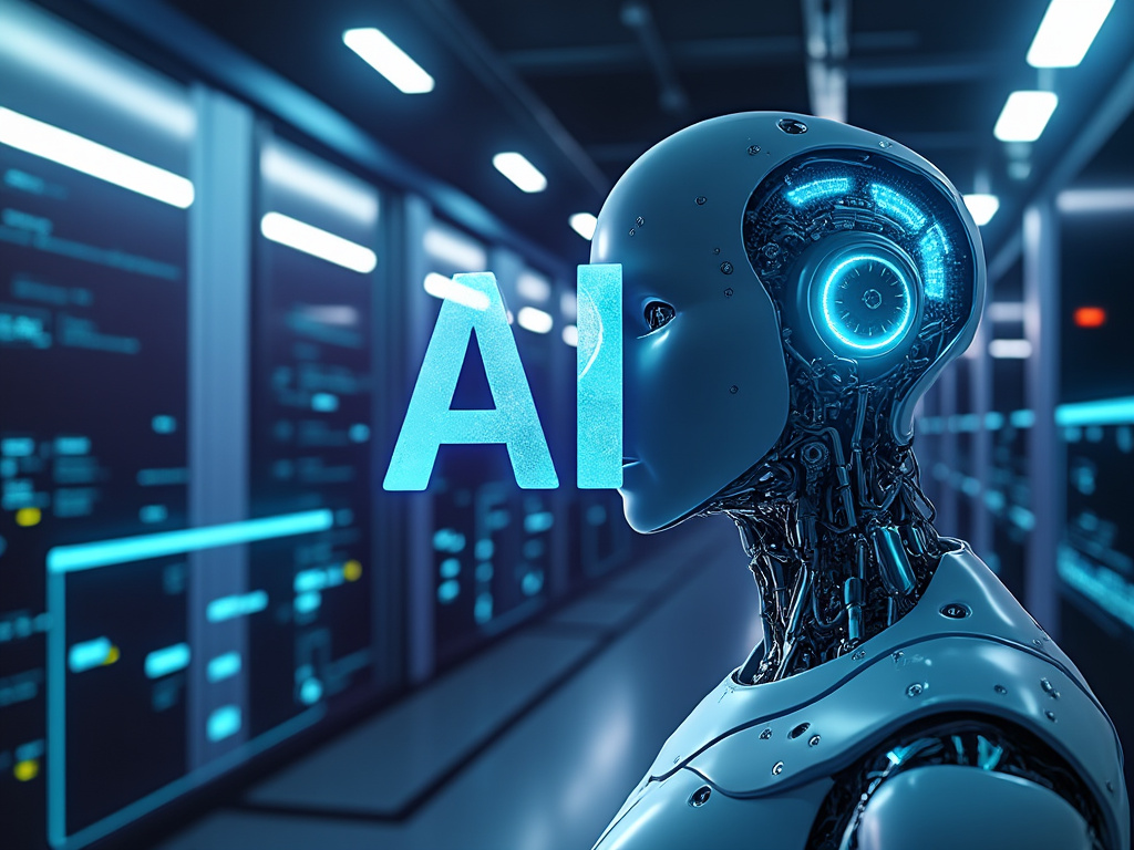 Robot humanoide futurista con inteligencia artificial en un entorno de centro de datos.