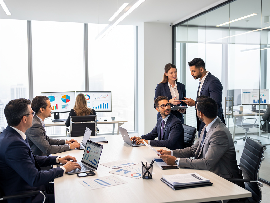 Equipo de negocios en reunión corporativa analizando gráficos y datos en una oficina moderna Equipo de negocios en reunión corporativa analizando gráficos y datos en una oficina moderna