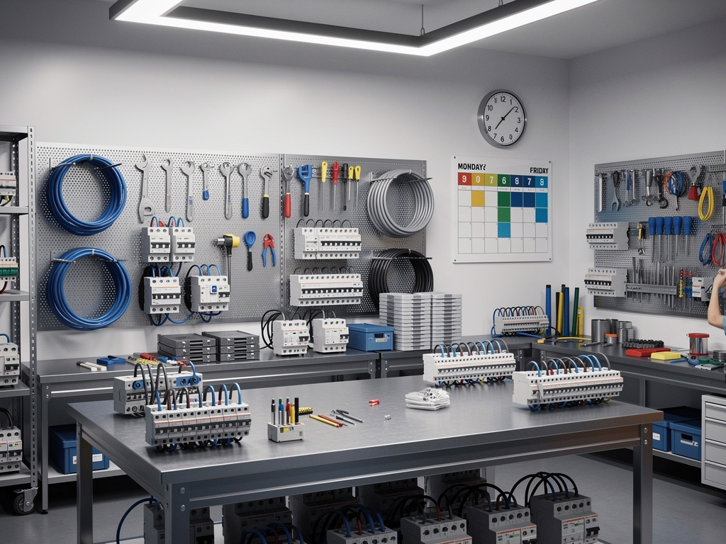 Taller eléctrico organizado con cuadros de distribución, cables, herramientas y componentes industriales sobre mesas de trabajo