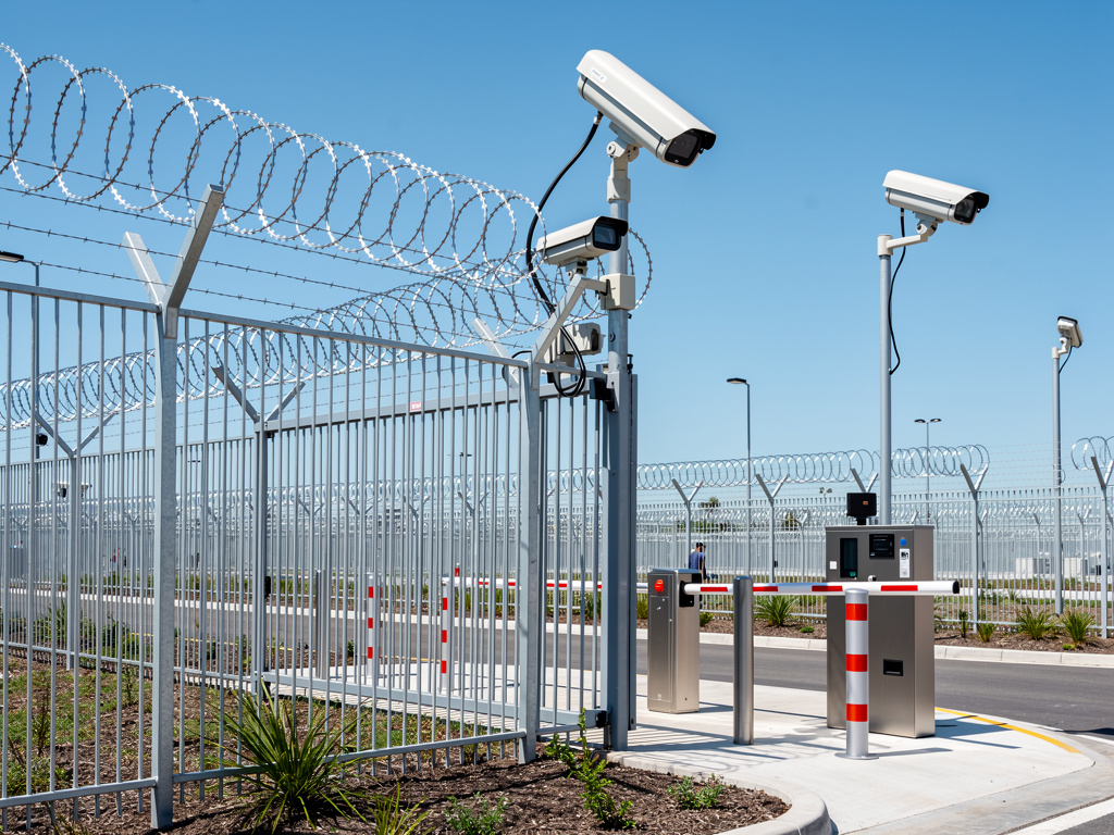 Cámaras de seguridad vigilando entrada con barrera automática y valla con alambre de púas en instalación de alta seguridad