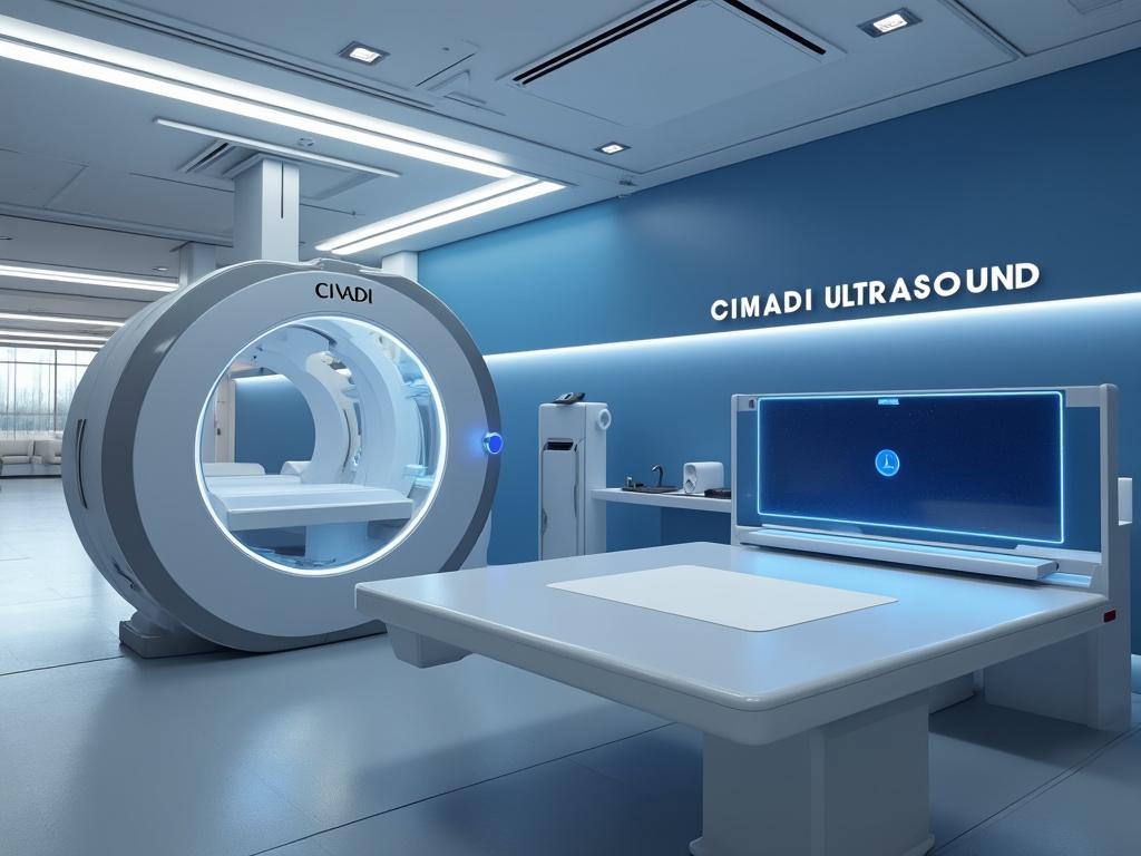 Sala de ultrasonido moderna con equipo avanzado y diseño futurista, mostrando un escáner grande y una pantalla digital bajo luces azules.