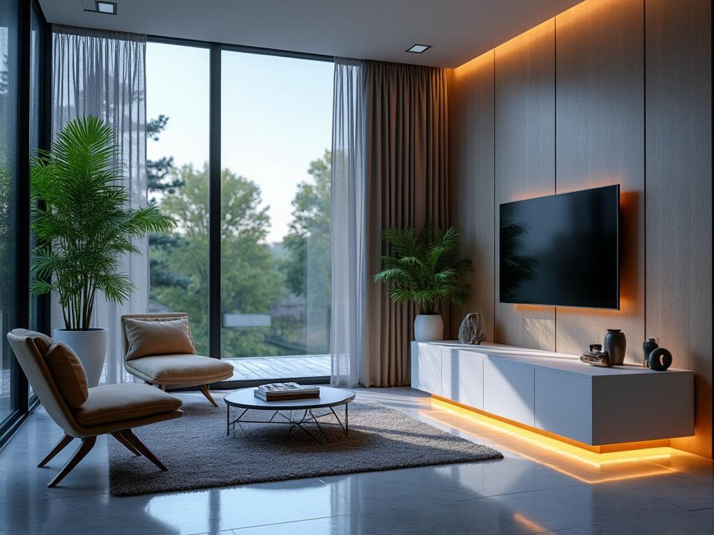 Modern living room with large windows, indoor plants, sleek furniture, and ambient lighting.