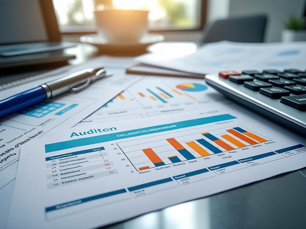 Close-up of financial audit documents with colorful bar charts, pen, and calculator on a desktop.