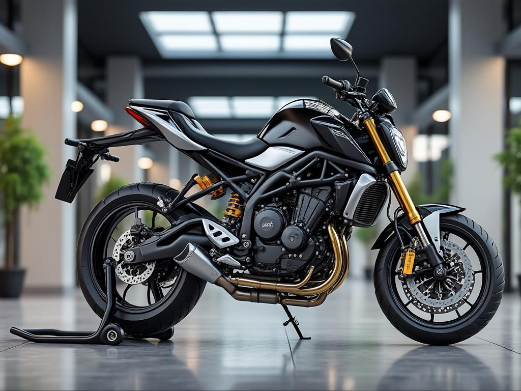 Motocicleta deportiva negra y dorada en un entorno moderno con iluminación suave.
