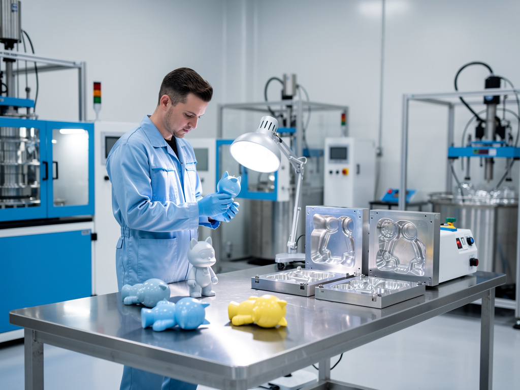 Técnico inspecciona juguetes de plástico en laboratorio de fabricación con moldes industriales y maquinaria especializada Técnico inspecciona juguetes de plástico en laboratorio de fabricación con moldes industriales y maquinaria especializada