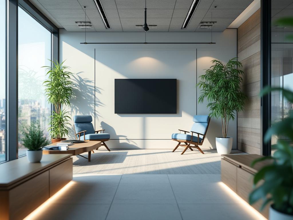 Moderna sala de estar con muebles de madera, plantas decorativas y gran ventana panorámica que permite la entrada de luz natural.