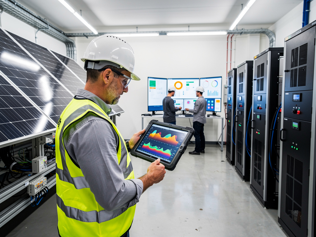 Engineer monitoring solar energy system performance on tablet in renewable energy control room Engineer monitoring solar energy system performance on tablet in renewable energy control room