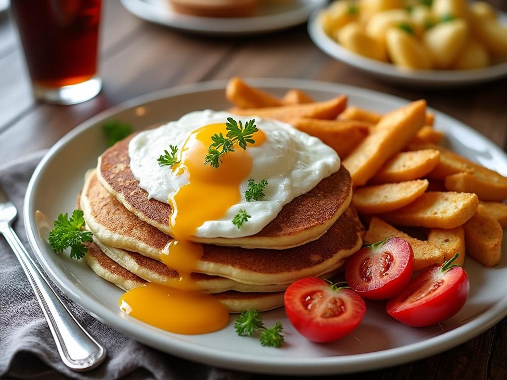 Delicious breakfast with pancakes topped with a runny fried egg, accompanied by fries and sliced tomatoes on a white plate.