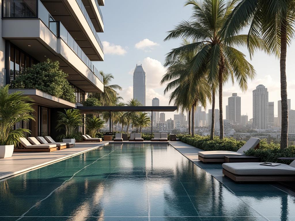 Vista panorámica de piscina moderna en terraza de edificio con palmeras y horizonte urbano en el fondo.