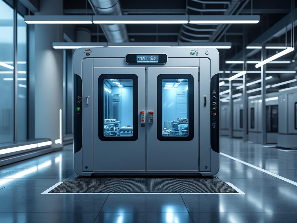 Impresora 3D industrial en un entorno moderno y tecnológicamente avanzado con luces brillantes.