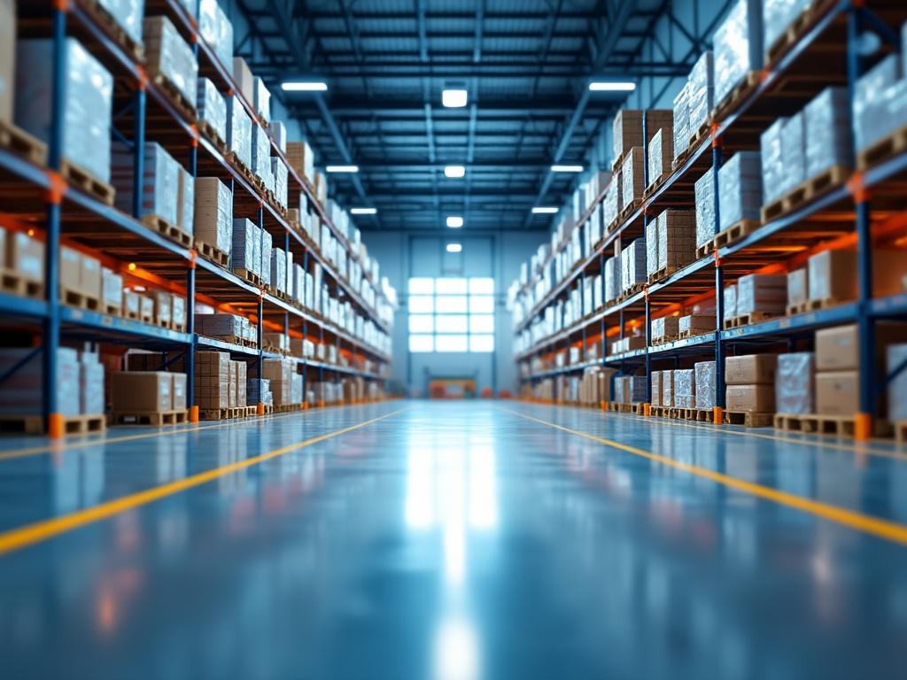Interior de un almacén con estanterías llenas de cajas y palés, iluminación industrial.